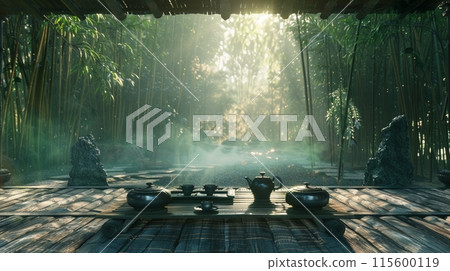A tranquil scene with bamboo groves and tea ceremony utensils 115600119