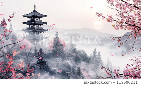 Ink painting art of a tranquil Japanese temple surrounded by cherry blossoms and mist 115600211
