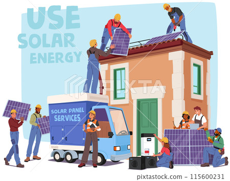 Team Of Workers Installing Solar Panels On A Residential House Rooftop. Men And Women Characters Working Together Team Of Workers Installing Solar Panels On A Residential House Rooftop. Men And Women Characters Working Together 115600231
