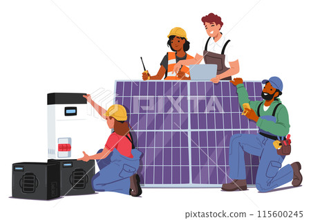 Team Of Engineers And Technicians Working Together To Install Solar Panels On Rooftop. Characters Demonstrating Teamwork Team Of Engineers And Technicians Working Together To Install Solar Panels On Rooftop. Characters Demonstrating Teamwork 115600245