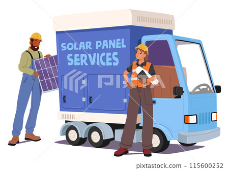 Two Technicians Installing Solar Panels With A Service Truck, Showcase Renewable Energy Technology And Teamwork 115600252