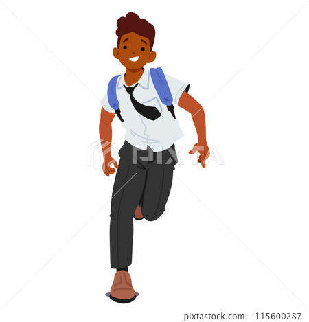 Energetic School Boy In Uniform Running With A Backpack On His Back. Character Looks Happy And Excited, Vector Concept 115600287