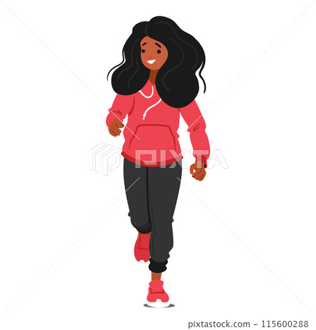 Smiling Girl Character Running In Hoodie And Pants Front View. Vector Illustration Portrays Fitness, And Happiness 115600288