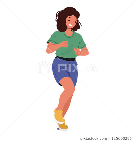 Young Girl Character Jogging With A Smile, Wearing A Green Shirt, Blue Shorts, And Yellow Sneakers, Vector Illustration 115600295