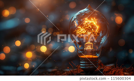 Close up of light bulb with gear mechanism inside 115600304