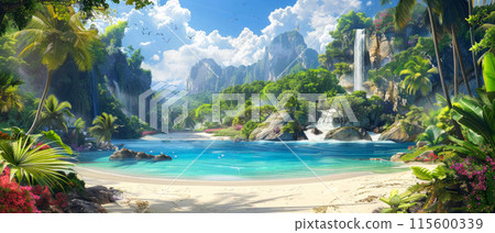 Paradise at wild tropical forest, scene with beautiful beach, green mountains and blue clean water in jungle. Theme of wilderness, sea, landscape, travel, waterfall, nature 115600339