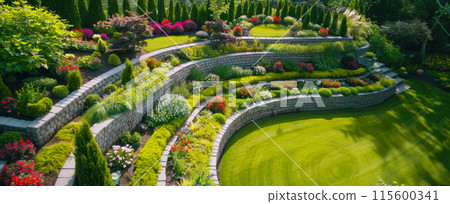 Landscape design of terraced home garden with stone retaining walls, aerial view of luxury house backyard. Beautiful flowers at upscale back yard. Concept of landscaping, plants 115600341
