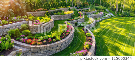 Panoramic aerial view of terraced home garden with retaining walls, landscape design of luxury house backyard. Beautiful flowers at back yard. Concept of landscaping, plants, nature 115600344