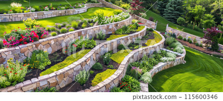 Landscaped home garden with terraces and rocks, beautiful design of luxury house backyard, stone retaining walls in summer. Concept of landscaping, back yard, flower, nature 115600346
