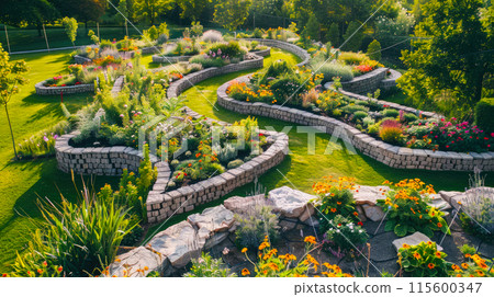 Landscaped home garden with terraces, rocks and stone retaining walls, beautiful design of luxury house backyard in summer. Concept of landscaping, back yard, flower, nature 115600347