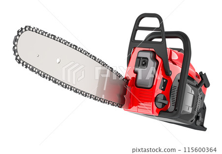 Chainsaw, red color. 3D rendering Chainsaw, red color. 3D rendering 115600364