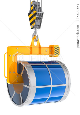 Crane Hook with coil of galvanized steel sheet with blue polymer coating, 3D rendering 115600365