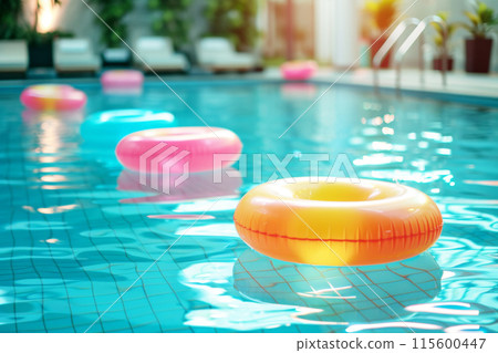 Tranquil outdoor swimming pool scene with colorful inflatable rings and poolside amenities, evoking summer relaxation and leisure concept. Hotel resort pool scene 115600447