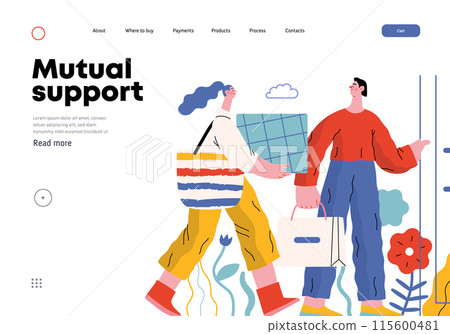 Mutual Support: Door Holding - modern flat vector concept illustration of woman carrying heavy box and man holding door for her. A metaphor of voluntary, collaborative exchanges of resource, services 115600481