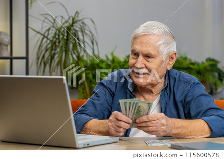 Happy senior man counting money cash and use laptop pc calculate domestic income earnings at home 115600578