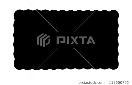 Black rectangle shape with wiggly edges. Rectangular form with scalloped borders. Empty curvy text box or banner, tag or label template isolated on white background. Vector graphic illustration 115600795