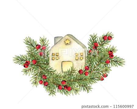 Small ceramic house with fir branches. Christmas greeting card design. Scandinavian style Christmas home decor. Isolated on a white background. Watercolor illustration 115600997