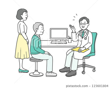Illustration of an elderly man, his accompanying woman and a doctor undergoing a medical examination at a hospital Illustration of an elderly man, his accompanying woman and a doctor undergoing a medical examination at a hospital 115601804