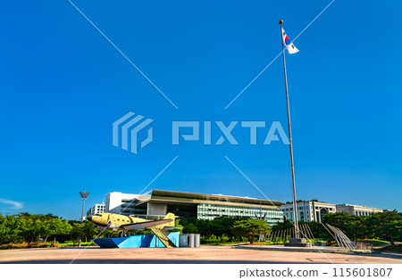 South Korean flag and military airplane at Yeouido Park, former airport in Seoul South Korean flag and military airplane at Yeouido Park, former airport in Seoul 115601807