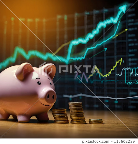 Piggy bank and a diagram with an up arrow in the background 115602259
