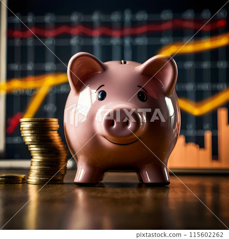 Piggy bank and a diagram with an up arrow in the background Piggy bank and a diagram with an up arrow in the background 115602262