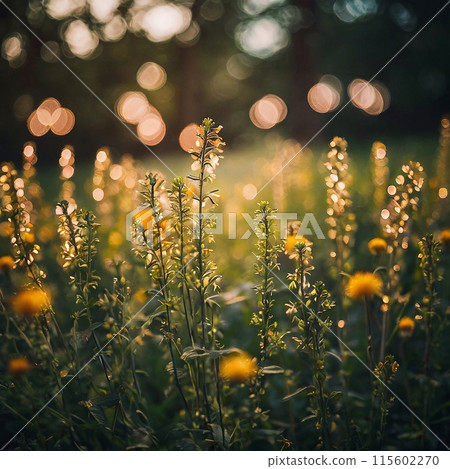 A clearing in the evening sun. There are wildflowers in the foreground, and the background blurs the side 115602270