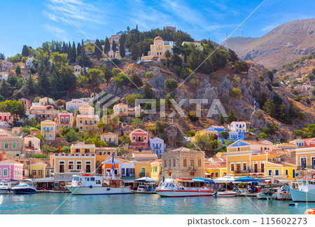 Colorful Harbor of Symi Island, Greece 115602273