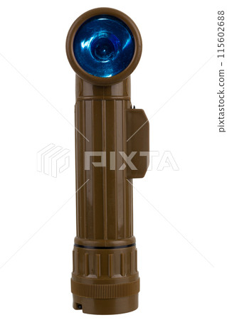 vintage military style flashlight with blue light isolated on white 115602688
