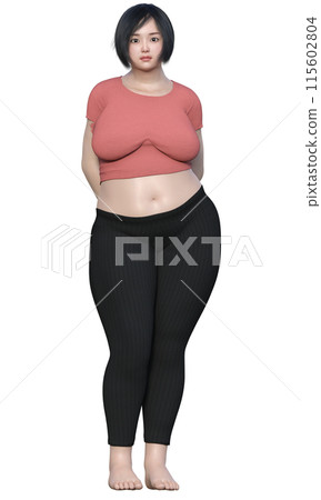 超重女性節食前後插圖 日本 3D 模型的全身前視圖 115602804