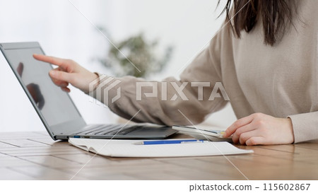 一名婦女在網路上研究和計算成本 一名婦女在網路上研究和計算成本 115602867