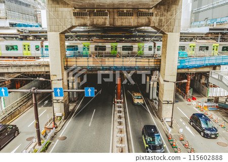 Tokyo is changing: Shibuya Station under construction, from under the Metropolitan Expressway at the west exit, June 2024, film-like 115602888