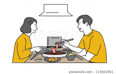 一個男人和一個女人在烤肉餐廳吃烤肉的簡單插圖 115602981