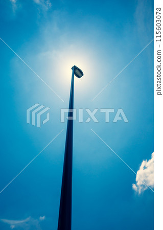 Early summer blue sky and street lights looking up at the sun Vertical Warm colors added Early summer blue sky and street lights looking up at the sun Vertical Warm colors added 115603078