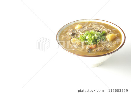 Hot curry soba noodles with plenty of green onions photographed on a white background Hot curry soba noodles with plenty of green onions photographed on a white background 115603339