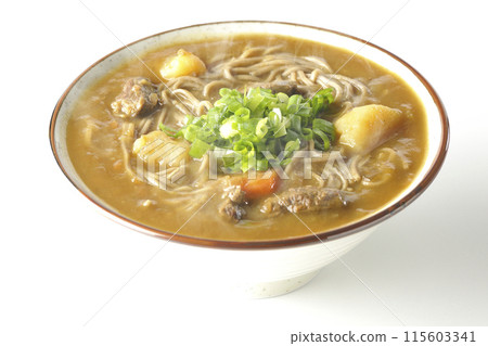 Hot curry soba noodles with plenty of green onions photographed on a white background Hot curry soba noodles with plenty of green onions photographed on a white background 115603341