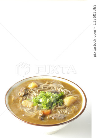 Hot curry soba noodles with plenty of green onions photographed on a white background Hot curry soba noodles with plenty of green onions photographed on a white background 115603365
