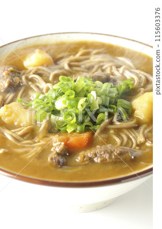 Hot curry soba noodles with plenty of green onions photographed on a white background 115603376