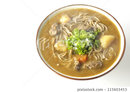 Hot curry soba noodles with plenty of green onions photographed on a white background Hot curry soba noodles with plenty of green onions photographed on a white background 115603453