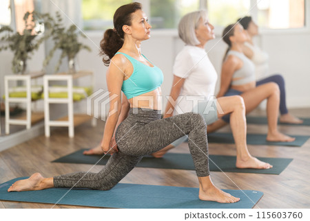 Adult woman doing pilates in group in studio Adult woman doing pilates in group in studio 115603760