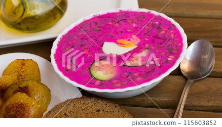 Cold soup Holodnik with baked potatoes Cold soup Holodnik with baked potatoes 115603852