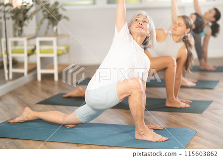 Elderly woman doing pilates in group in studio 115603862