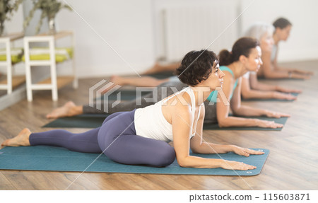 Woman stretching in seated asana Ardha Kapotasana at yoga class Woman stretching in seated asana Ardha Kapotasana at yoga class 115603871