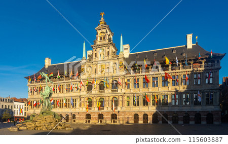 Brabo fountain and Antwerp City Hall on central Grote Markt square Brabo fountain and Antwerp City Hall on central Grote Markt square 115603887