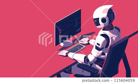 A robot is sitting at a computer desk, typing on a keyboard, Futuristic automation and technology concept A robot is sitting at a computer desk, typing on a keyboard, Futuristic automation and technology concept 115604059