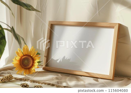 A wooden frame with a white background and a yellow sunflower in a vase 115604080