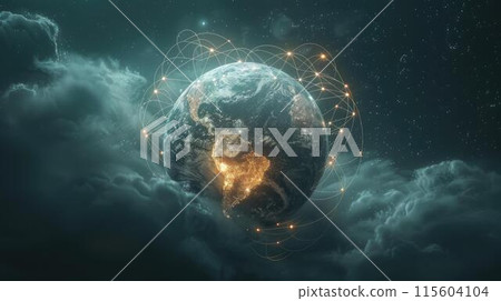 A glowing globe with with a network of stars background, World network connections A glowing globe with with a network of stars background, World network connections 115604104
