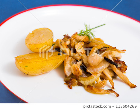 Tasty cooked fried baby potatoes with fried shitake mushrooms Tasty cooked fried baby potatoes with fried shitake mushrooms 115604269