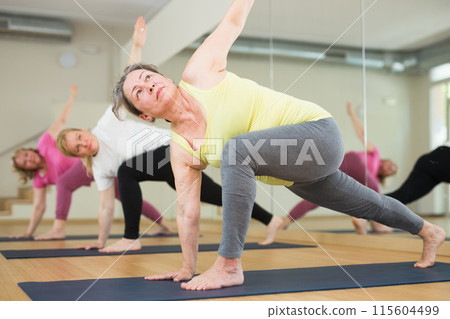 Women are doing extended angle pose Women are doing extended angle pose 115604499