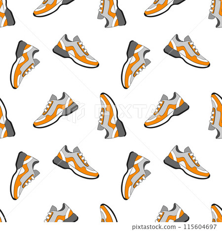 Pattern with sneakers in orange and gray colors on white background. Pattern with sneakers in orange and gray colors on white background. 115604697