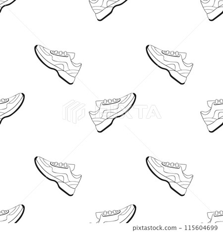 Sneakers pattern, hand drawn doodling contour sketch, on white background. Sneakers pattern, hand drawn doodling contour sketch, on white background. 115604699